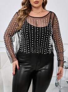 SHEIN Clasi Blusa blanca elegante de encaje y cuentas para mujer de talla grande para fiestas