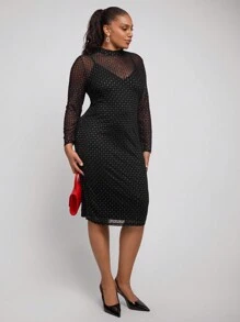 SHEIN Clasi Vestido de Festa Longo Sexy e Colante Plus Size para Mulheres, Preto com Folha de Ouro/Prata, Adequado para Festa de Outono - Preto - Visão 4