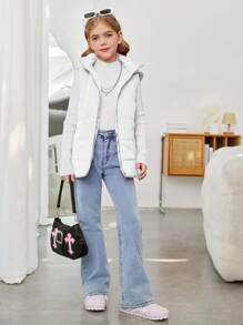 SHEIN Tween Girl Woven Hooded Sleeveless Casual Vest - White - View 5