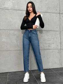 EURMUSE Vintage Washed High Waist Tapered Jeans - Medium Wash - View 3