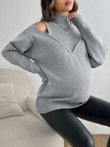 SHEIN 孕妇纯色镂空肩长袖休闲毛衣，秋冬季 - 灰色 - 查看 4