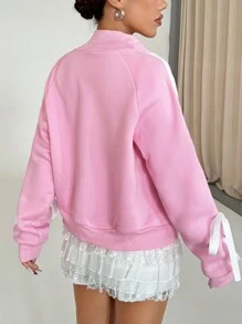 SHEIN Unity 白色蝴蝶结领短款女士运动休闲夹克，芭蕾风格