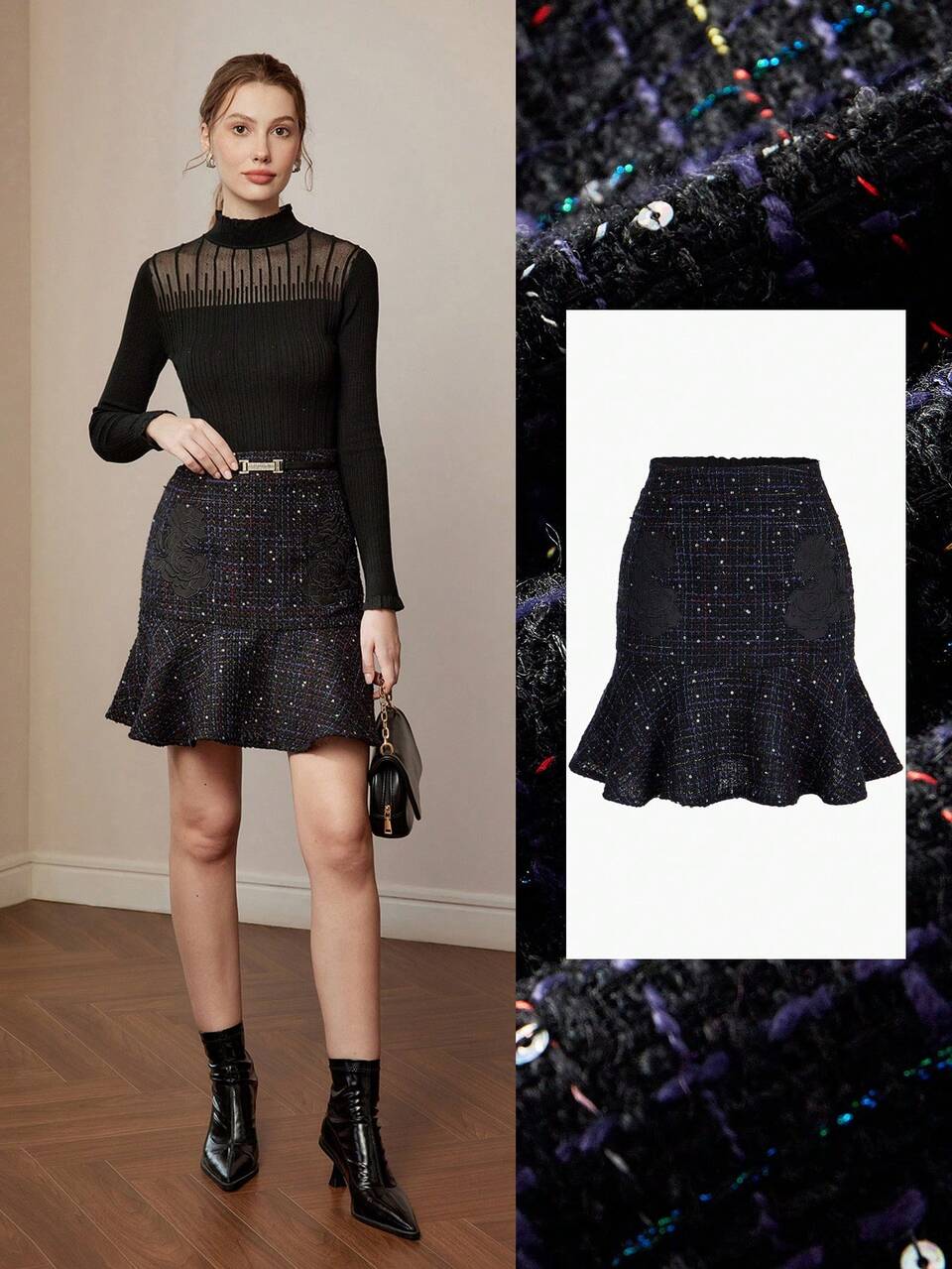 FLORAL PATCHED RUFFLE HEM SKIRT