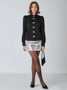Enchnt 1pc Women's Bow Decor Puff Sleeve Elegant Blouse, Autumn - Black - View 3