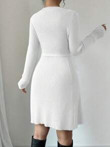 Chiquease 1pc Solid Color Fitted A-Line Midi Length Flare Sweater Dress