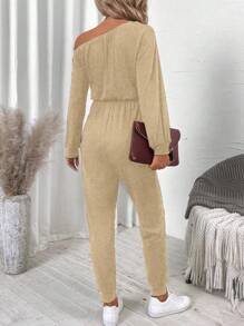 SHEIN LUNE 1 pièce Combinaison décontractée à manches longues de couleur unie avec col asymétrique et poche