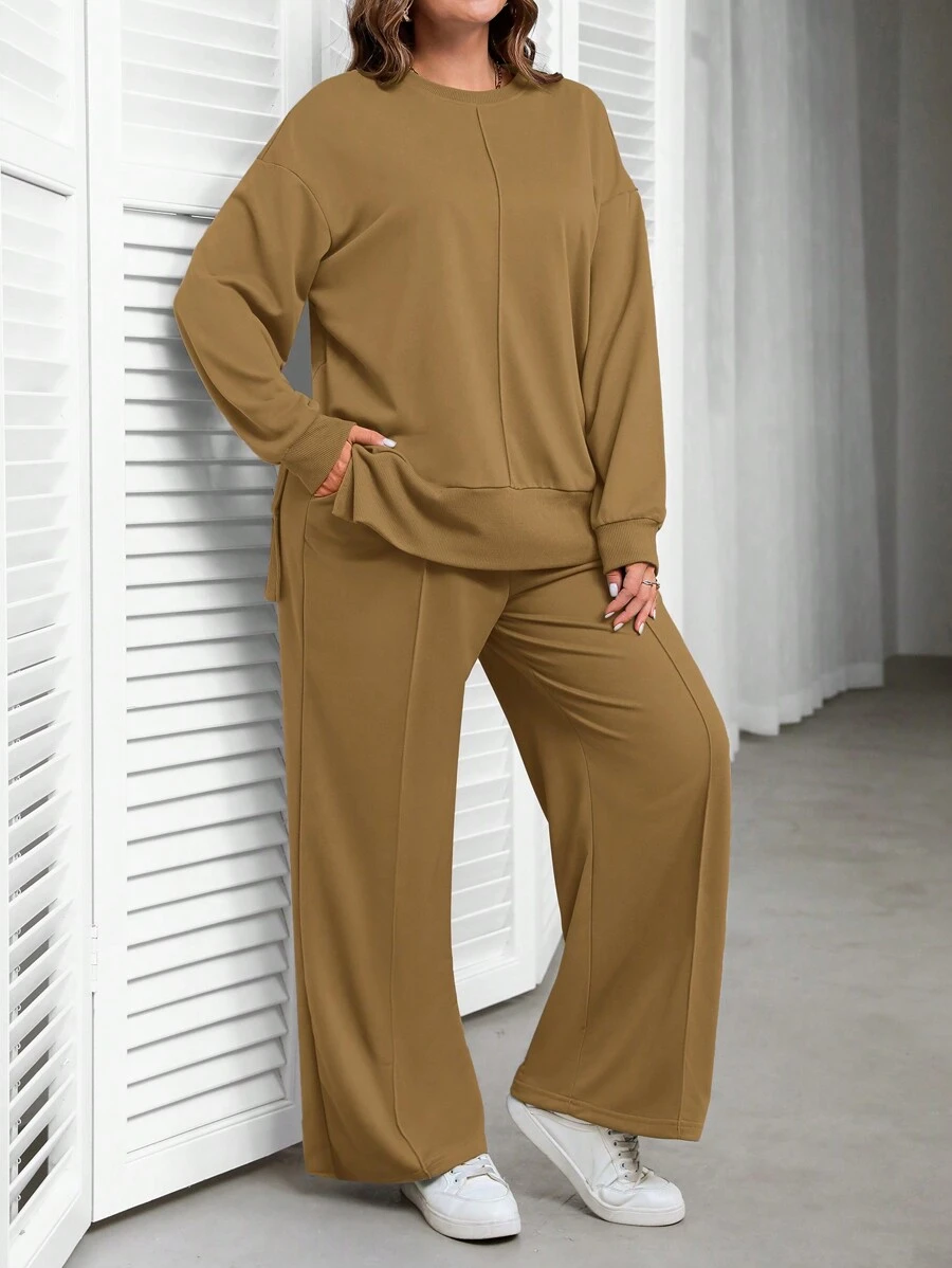EMERY ROSE Plus Size Women Solid Color Crew Neck Split Hem Long Sleeve Sweatshirt And Sweatpants Casual Set - Camel - View 1