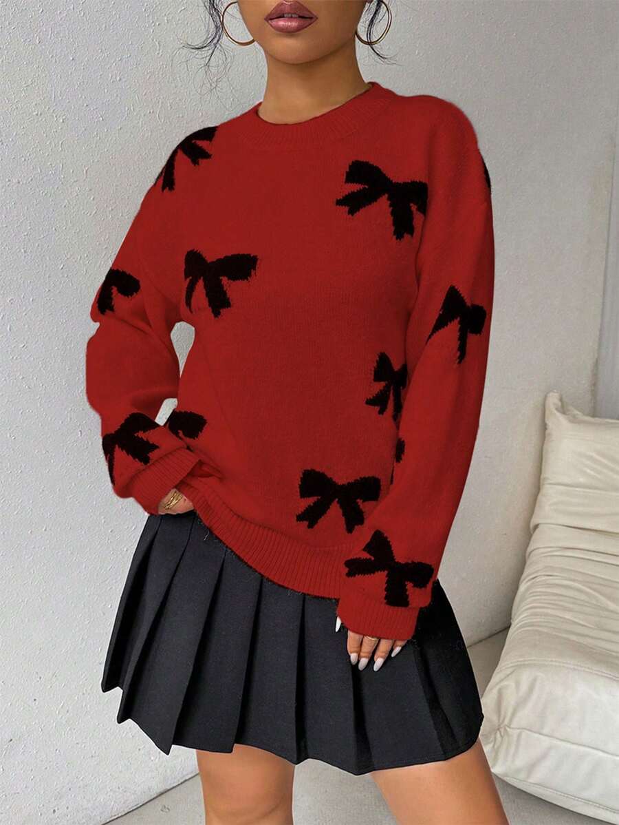 SHEIN Unity 蝴蝶结印花圆领长袖套头毛衣,女士新年针织衫,秋冬款 - 紅色 - 查看 1