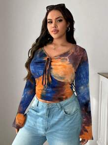 SHEIN EZwear Plus Size Tie-Dye T-Shirt With Pleated Bell Sleeves, Casual Style For Early Autumn