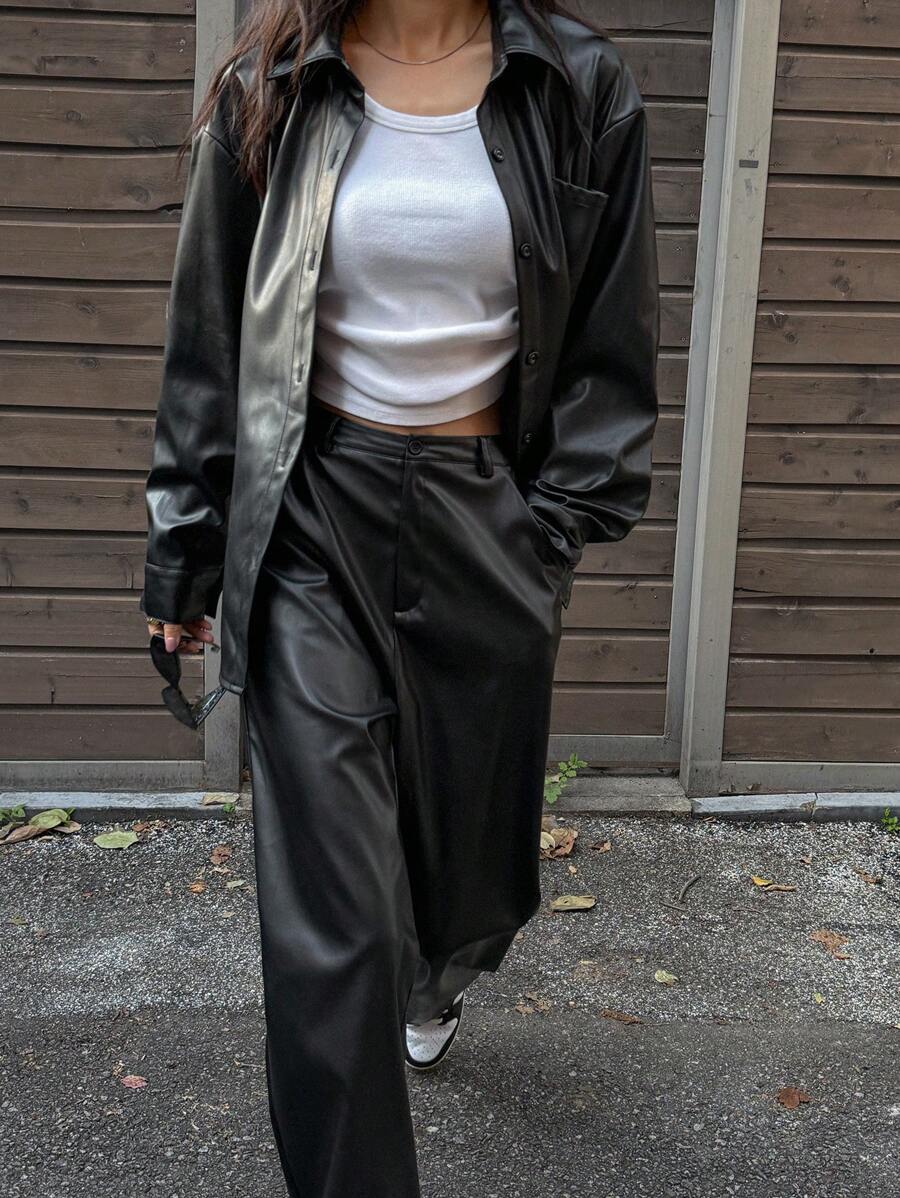 DAZY Women 2pcs Set PU Solid Color Long Sleeve Top And Pants, For Autumn/Winter