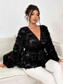 SHEIN Clasi 大码 V 领流苏提花摆腰长袖上衣荷叶边上衣 - 黑色 - 查看 2