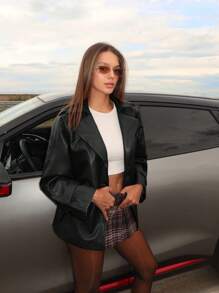 SHEIN BAE Women's Vintage Burgundy Color Flat Collar Long Sleeve Minimalist Jacket, Casual Everyday Wear Burgundy PU Leather Windbreaker Jacket Hollowed Costumes Thanksgiving Women Outfit Halloween Women Costumeschristmas Women Clothes Winter Women Jacket Trench Women Coat Fall Women Outfits Warm And Thickened In Winter