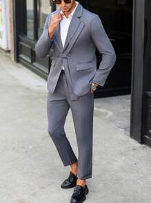 Manfinity Bizformal Conjunto de traje personalizado con diseño de bloques de color para hombres, conjunto de dos piezas para hombres, diseño asimétrico y único en conjunto de traje gris