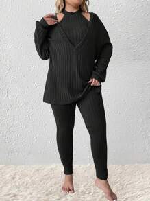 SHEIN LUNE 3pcs Plus Size Women Set: Casual Solid Ribbed V-Neck Loose Dropped Shoulder T-Shirt, Halter Top And High Waist Leggings - Black - View 5