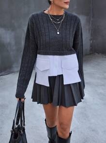 EURMUSE Casual Rib Knit Gola Redonda Manga Longa Bolso Camisa Detalhada Suéter - Cinza - Ver 1