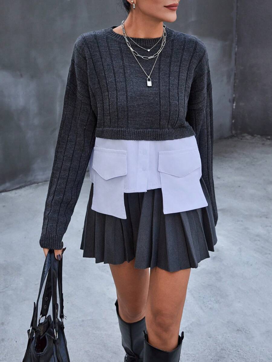 EURMUSE Casual Rib Knit Gola Redonda Manga Longa Bolso Camisa Detalhada Suéter - Cinza - Ver 1