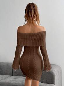 Flirla 露肩长袖扭纹针织修身毛衣连衣裙 - 咖啡棕 - 查看 2