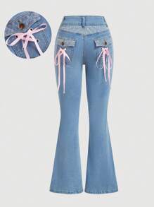 SHEIN MOD Women's Front Button Pocket Drawstring Casual Jeans - Blue - View 5