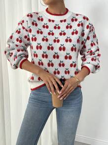 Chiquease Women's Beige Crew Neck Red Cherry Pattern Thick Warm Pullover Sweater Knit Pullover Fall Winter Outfit