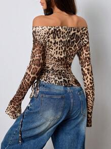 SHEIN Unity Leopard Print Off Shoulder Long Sleeve Asymmetric Hem Drawstring Blouse - Multicolor - View 2