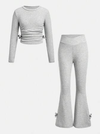 SHEIN Tween Girls Casual Round Neck Long Sleeve Ruched Fitted Knit Top And Flared Pants 2 Pieces Set
