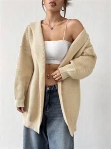 SHEIN EZwear Cardigan Minimalis Lengan Panjang Warna Polos untuk Wanita, Pakaian Kasual Sederhana untuk Sehari-hari - Aprikot - View 3