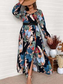 SHEIN VCAY Plus Size Black Floral & Crane Print Sweetheart Neck Long Sleeve Lantern Sleeve Lace Hem Split Dress, Casual Holiday Boho Western Style Long Dress - Multicolor - View 2