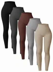 SHEIN 纯色高腰紧身休闲运动紧身裤，适合瑜伽 - 彩色 - 查看 1