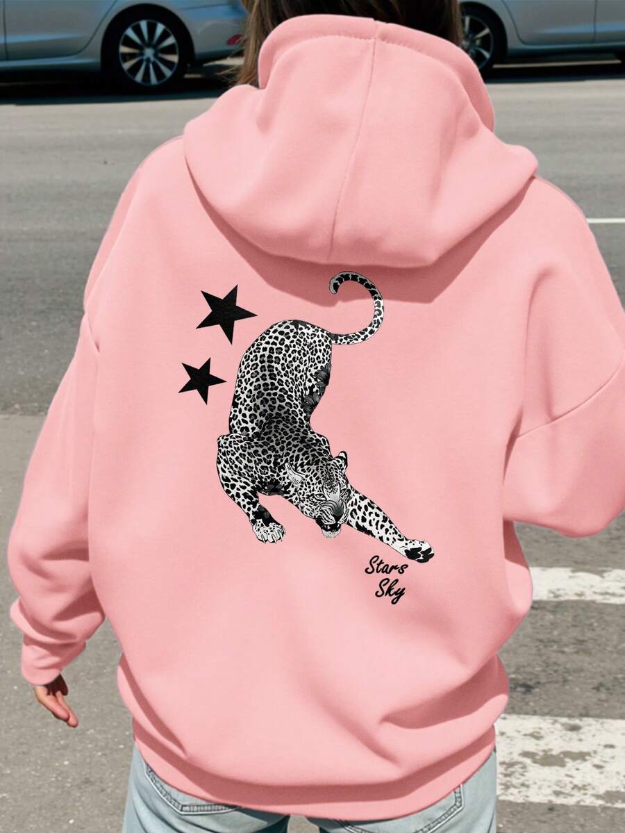 SHEIN EZwear Áo nỉ trùm đầu tay dài họa tiết sao và da báo, áo hoodie thường ngày cho nữ, mùa thu/đông - Màu Hồng baby - Xem 1