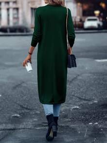 SHEIN LUNE Áo khoác cardigan mỏng nhẹ siêu dài màu trơn hở phía trước cho nữ - Màu xanh lá cây đậm - Xem 3