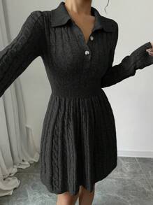 Chiquease 女式纯色前扣扭纹针织休闲长袖毛衣连衣裙