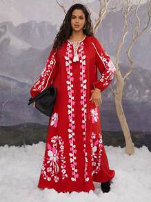 SHEIN VCAY Vestido largo con cuello en V, con flecos y estampado floral, para talla grande, estilo bohemio, occidental y nómada, adecuado para vacaciones de otoño - Multicolor - Ver 2