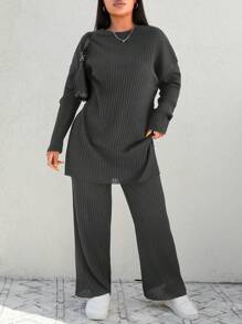 EURMUSE Plus Size Casual Solid Color Top And Pants 2 Pieces Set, Autumn - Dark Grey - View 1