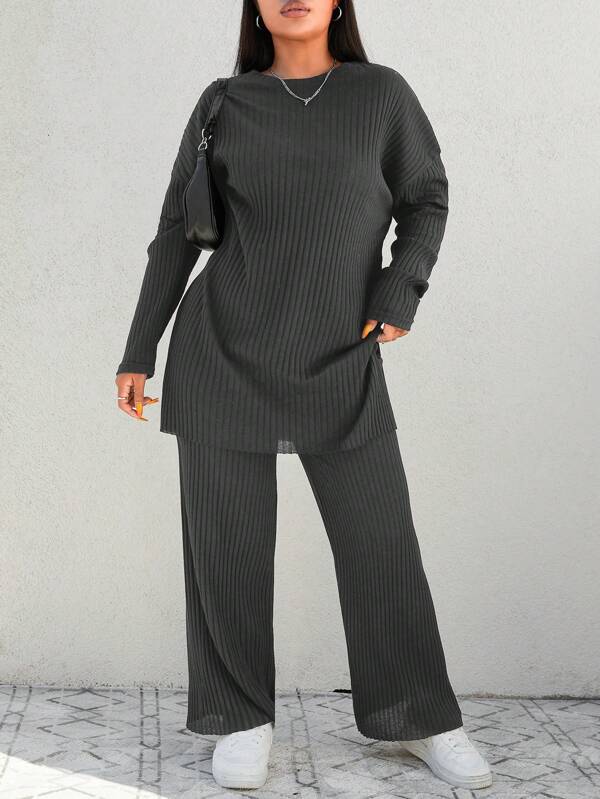 Plus Pantalon & T-shirt Épaule tombante Fendu