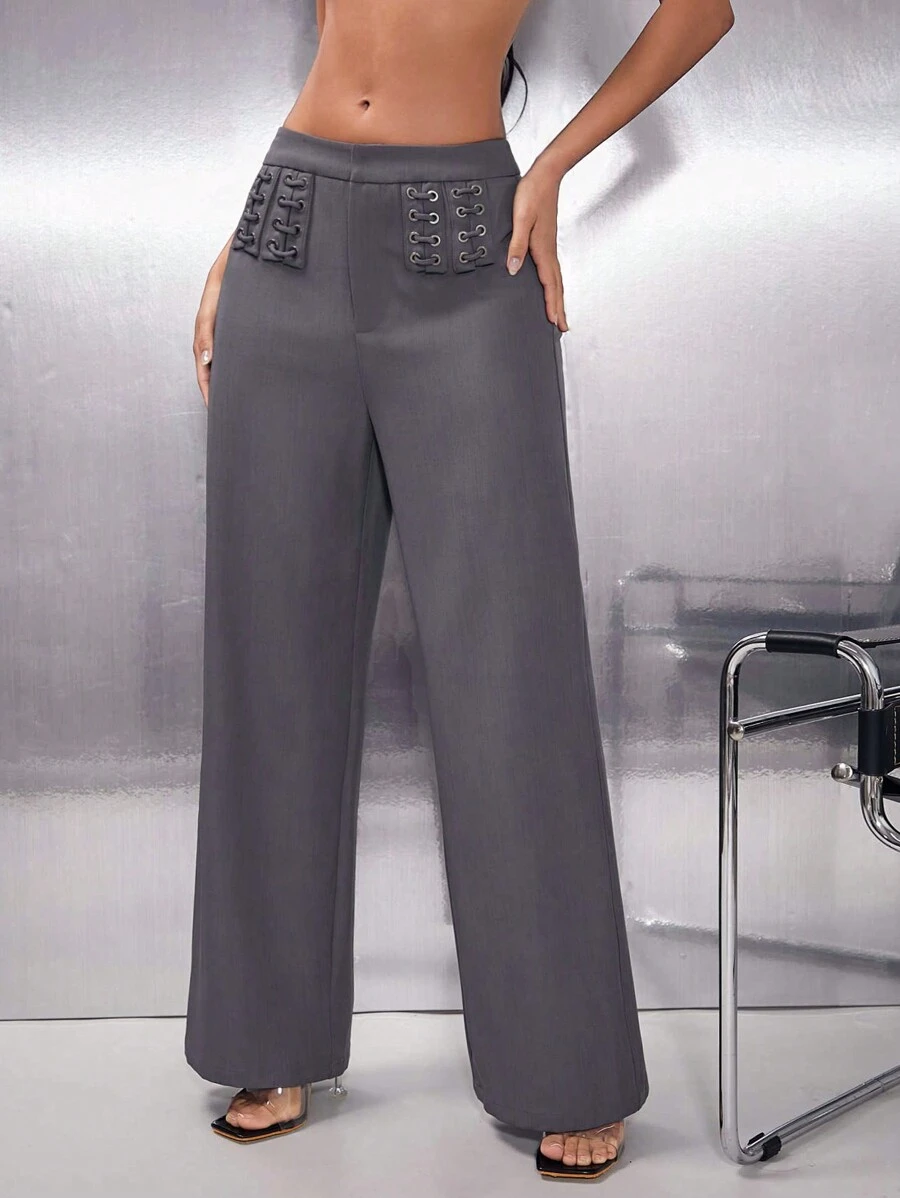Hauture Wide Leg Trousers With Lace Up Details - Grey - View 1