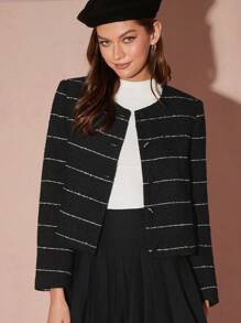 Enchnt Women's Striped Print Elegant Commuter Long Sleeve Jacket