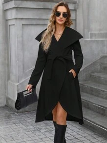 MaterniWear Maternity Asymmetrical Hem Long Jacket,  Warm Outerwear For Pregnant Women, Winter - Black - View 8