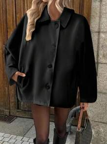 Chiquease 女款驼色 杏色 卡其色 纯色 贴袋 口袋 前开扣 蝙蝠袖 可爱 性感 长袖 秋冬 休闲 时尚 百搭 彼得潘领 大衣 外套