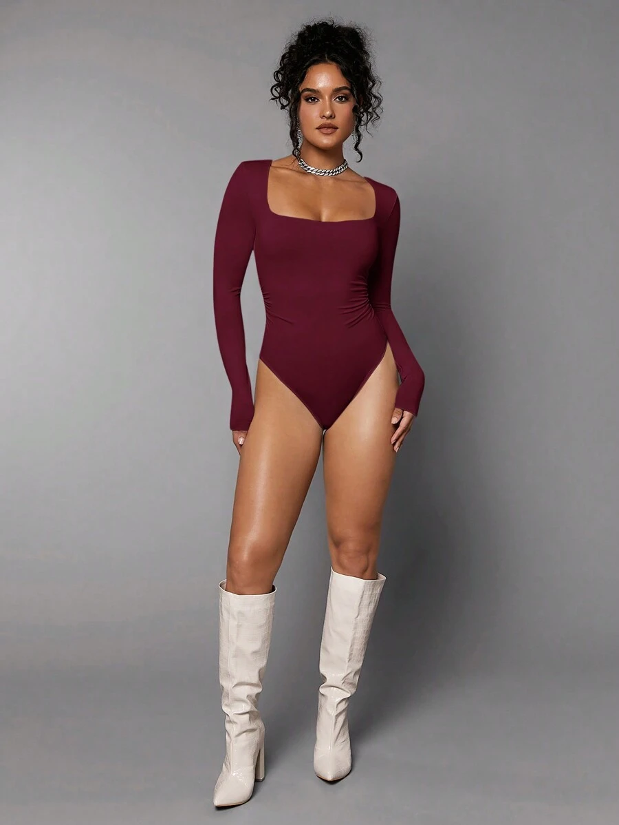 Silquee 1 bộ đồ liền thân bó sát cổ vuông màu trơn gợi cảm dài tay cho nữ - Màu Đỏ Sâu - Xem 1