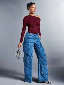 SHEIN BAE 1 件女式优雅纯色不对称领口长袖紧身衣，秋季 - 酒紅色 - 查看 5