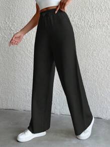 EURMUSE Solid Color Drawstring Knit Casual Straight Leg Pants ,Petite Women - Black - View 4