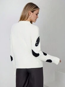 RueChic Woman Rhinestones Detailed Soft Special Yarn Shabby Winter Sweater - White - View 2