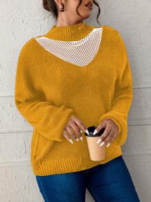 SHEIN LUNE Plus Size Colorblock Hollow-Out Splice Stand Collar Sweater, Casual For Autumn/Winter Knit Pullover Fall - Yellow - View 3