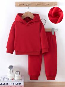 Bộ quần áo nỉ ấm áp có mũ trùm đầu cho bé trai, trang phục thời trang thường ngày cho mùa thu/đông - Đỏ - Xem 3