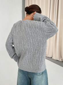 Flirla Women Casual Solid Color Drop Shoulder Loose Cable Knit Pullover Sweater, Autumn/Winter Knit Pullover Fall Outfit