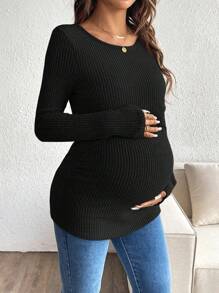 SHEIN Pregnant Women Solid Color Round Neck Long Sleeve Ribbed Nursing Top, For Maternity - Black - View 6