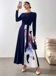 Modelyn Women's Floral Print Pleated Hem Round Neck Long Sleeve Elegant Arabian Modest Dress Long Evening Dresses - Navy Blue - View 6