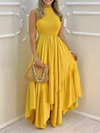 Women Solid Color Halter Neck Ruffle Hem Sleeveless Dress