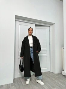 EURMUSE Lapel Neck Double Breasted Slant Pocket Waist Belt Tie-Up Woolen Overcoat