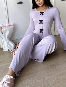 女士 2 件套蝴蝶结装饰圆领长袖上衣和裤子睡衣套装 - 白色 - 查看 6